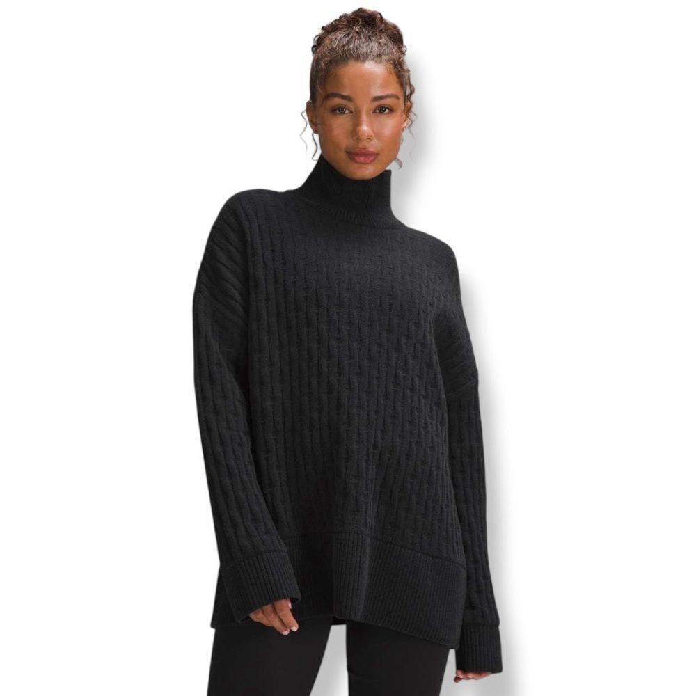 lululemon Cable Knit Relaxed Fit Black Turtleneck Oversized Sweater Winter Fall